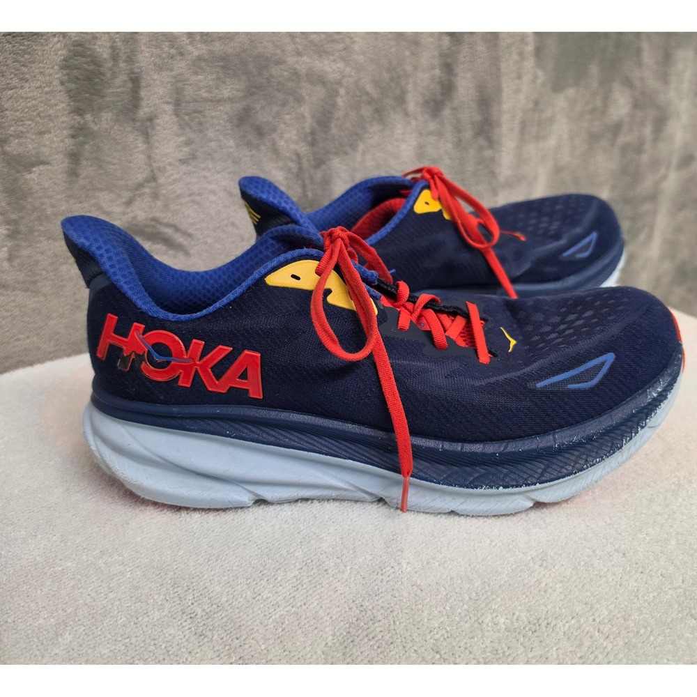 Hoka One One Clifton 9 Wide Mens 11.5 2E Blue Red Running Shoes 1132210 BBDGB